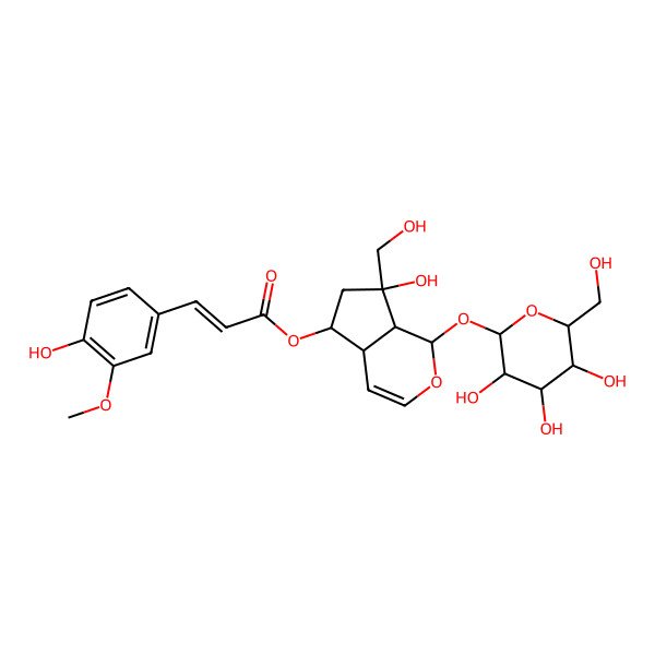 2D Structure of [(1S,4aR,5R,7S,7aS)-7-hydroxy-7-(hydroxymethyl)-1-[(2S,3R,4S,5S,6R)-3,4,5-trihydroxy-6-(hydroxymethyl)oxan-2-yl]oxy-4a,5,6,7a-tetrahydro-1H-cyclopenta[c]pyran-5-yl] (E)-3-(4-hydroxy-3-methoxyphenyl)prop-2-enoate
