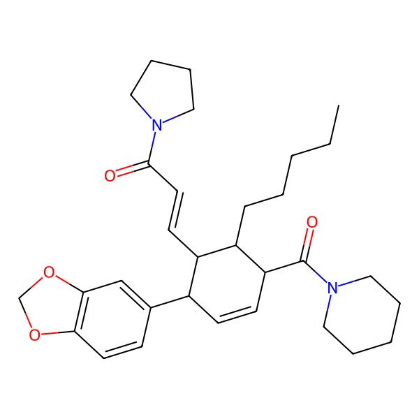 2D Structure of 3-[2-(1,3-Benzodioxol-5-yl)-6-pentyl-5-(piperidine-1-carbonyl)cyclohex-3-en-1-yl]-1-pyrrolidin-1-ylprop-2-en-1-one