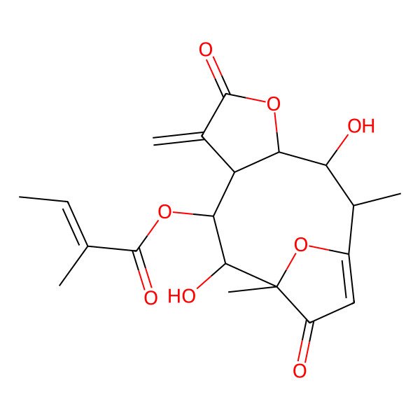 2D Structure of (3,10-Dihydroxy-2,11-dimethyl-7-methylidene-6,12-dioxo-5,14-dioxatricyclo[9.2.1.04,8]tetradec-1(13)-en-9-yl) 2-methylbut-2-enoate