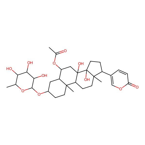 2D Structure of [(3S,5S,6R,8S,9R,10S,13R,14R,17R)-8,14-dihydroxy-10,13-dimethyl-17-(6-oxopyran-3-yl)-3-[(2R,3S,4R,5R,6S)-3,4,5-trihydroxy-6-methyloxan-2-yl]oxy-2,3,4,5,6,7,9,11,12,15,16,17-dodecahydro-1H-cyclopenta[a]phenanthren-6-yl] acetate