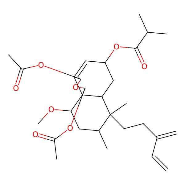 2D Structure of [(1R,3R,5R,6aS,7R,8R,10S,10aS)-1,3-diacetyloxy-10-methoxy-7,8-dimethyl-7-(3-methylidenepent-4-enyl)-1,3,5,6,6a,8,9,10-octahydrobenzo[d][2]benzofuran-5-yl] 2-methylpropanoate