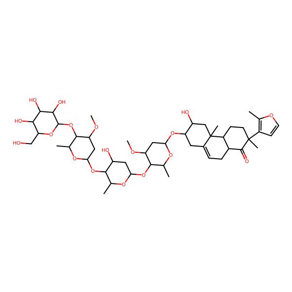 2D Structure of (2R,4aS,4bR,6R,7R,10aR)-6-hydroxy-7-[(2S,4S,5R,6R)-5-[(2S,4S,5S,6R)-4-hydroxy-5-[(2S,4R,5S,6S)-4-methoxy-6-methyl-5-[(2S,3R,4S,5R,6R)-3,4,5-trihydroxy-6-(hydroxymethyl)oxan-2-yl]oxyoxan-2-yl]oxy-6-methyloxan-2-yl]oxy-4-methoxy-6-methyloxan-2-yl]oxy-2,4b-dimethyl-2-(2-methylfuran-3-yl)-4,4a,5,6,7,8,10,10a-octahydro-3H-phenanthren-1-one