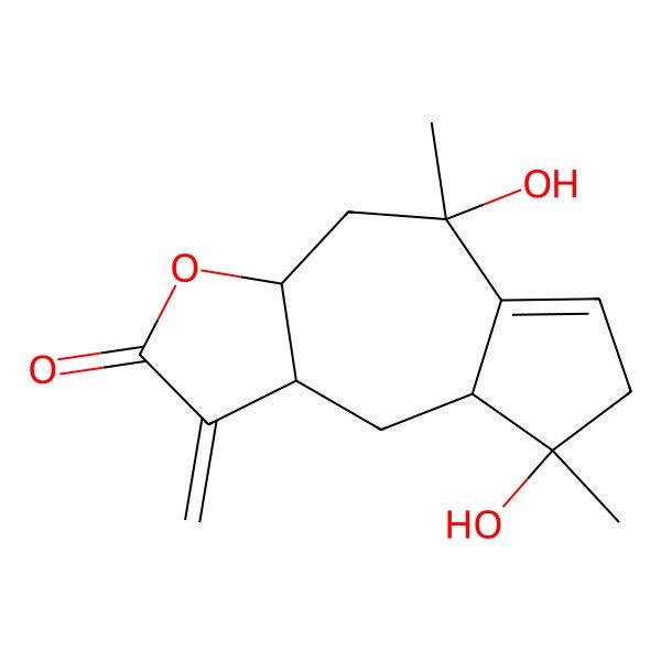 2D Structure of (3aS,5R,8R,8aS,9aS)-5,8-dihydroxy-5,8-dimethyl-1-methylidene-3a,4,7,8a,9,9a-hexahydroazuleno[6,5-b]furan-2-one