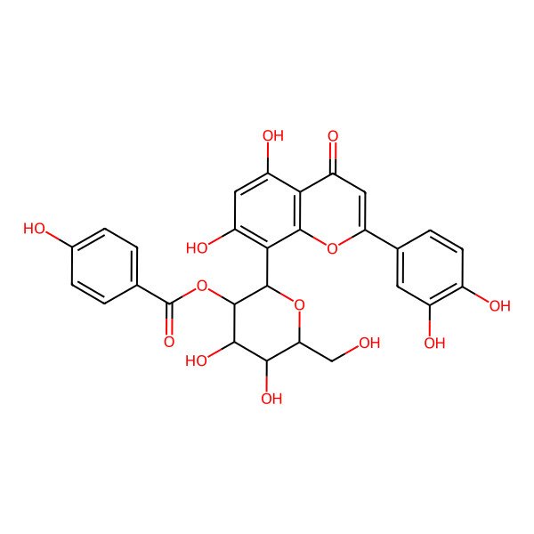 2D Structure of [2-[2-(3,4-Dihydroxyphenyl)-5,7-dihydroxy-4-oxochromen-8-yl]-4,5-dihydroxy-6-(hydroxymethyl)oxan-3-yl] 4-hydroxybenzoate