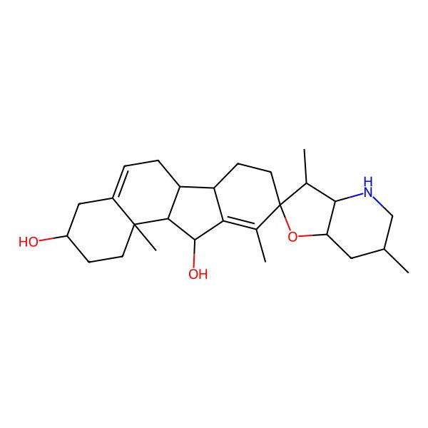 2D Structure of (3S,3'R,3'aS,6'S,6aS,6bS,7'aR,9R,11R,11aS,11bR)-3',6',10,11b-tetramethylspiro[2,3,4,6,6a,6b,7,8,11,11a-decahydro-1H-benzo[a]fluorene-9,2'-3a,4,5,6,7,7a-hexahydro-3H-furo[3,2-b]pyridine]-3,11-diol