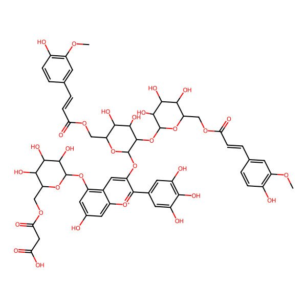 2D Structure of 3-[[(2S,3R,4S,5S,6S)-6-[3-[(2S,3R,4S,5R,6S)-4,5-dihydroxy-6-[3-(4-hydroxy-3-methoxyphenyl)prop-2-enoyloxymethyl]-3-[(2S,3R,4S,5R,6R)-3,4,5-trihydroxy-6-[3-(4-hydroxy-3-methoxyphenyl)prop-2-enoyloxymethyl]oxan-2-yl]oxyoxan-2-yl]oxy-7-hydroxy-2-(3,4,5-trihydroxyphenyl)chromenylium-5-yl]oxy-3,4,5-trihydroxyoxan-2-yl]methoxy]-3-oxopropanoic acid