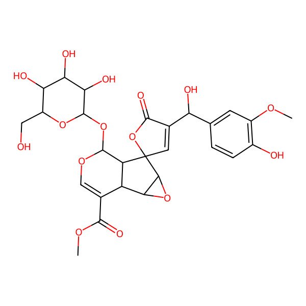 2D Structure of methyl (1S,2S,4S,5R,6S,7S)-4'-[(R)-hydroxy-(4-hydroxy-3-methoxyphenyl)methyl]-5'-oxo-7-[(2S,3R,4S,5S,6R)-3,4,5-trihydroxy-6-(hydroxymethyl)oxan-2-yl]oxyspiro[3,8-dioxatricyclo[4.4.0.02,4]dec-9-ene-5,2'-furan]-10-carboxylate