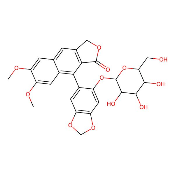2D Structure of 6,7-dimethoxy-4-[6-[(2S,3R,4S,5S,6R)-3,4,5-trihydroxy-6-(hydroxymethyl)oxan-2-yl]oxy-1,3-benzodioxol-5-yl]-1H-benzo[f][2]benzofuran-3-one
