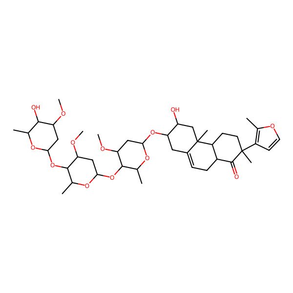 2D Structure of (6R,7R)-6-hydroxy-7-[(2S,4S,5R,6R)-5-[(2S,4S,5R,6S)-5-[(2S,4S,5R,6R)-5-hydroxy-4-methoxy-6-methyloxan-2-yl]oxy-4-methoxy-6-methyloxan-2-yl]oxy-4-methoxy-6-methyloxan-2-yl]oxy-2,4b-dimethyl-2-(2-methylfuran-3-yl)-4,4a,5,6,7,8,10,10a-octahydro-3H-phenanthren-1-one