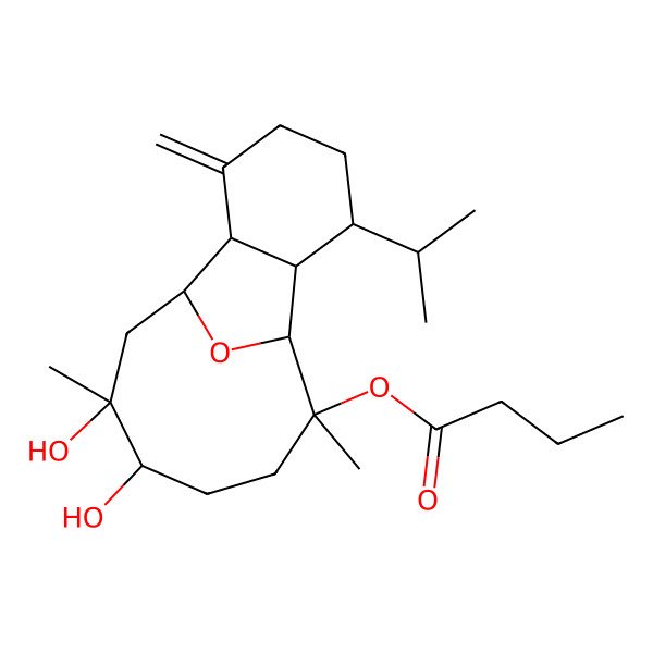 2D Structure of [(1S,2S,6S,7S,8S,9S,12R,13R)-12,13-dihydroxy-9,13-dimethyl-3-methylidene-6-propan-2-yl-15-oxatricyclo[6.6.1.02,7]pentadecan-9-yl] butanoate