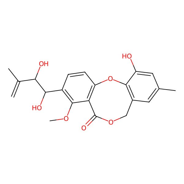 2D Structure of 2-(1,2-dihydroxy-3-methylbut-3-enyl)-6-hydroxy-1-methoxy-8-methyl-10H-benzo[b][1,5]benzodioxocin-12-one