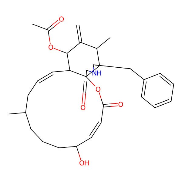 2D Structure of (19-Benzyl-6-hydroxy-10,17-dimethyl-16-methylidene-3,21-dioxo-2-oxa-20-azatricyclo[12.7.0.01,18]henicosa-4,12-dien-15-yl) acetate