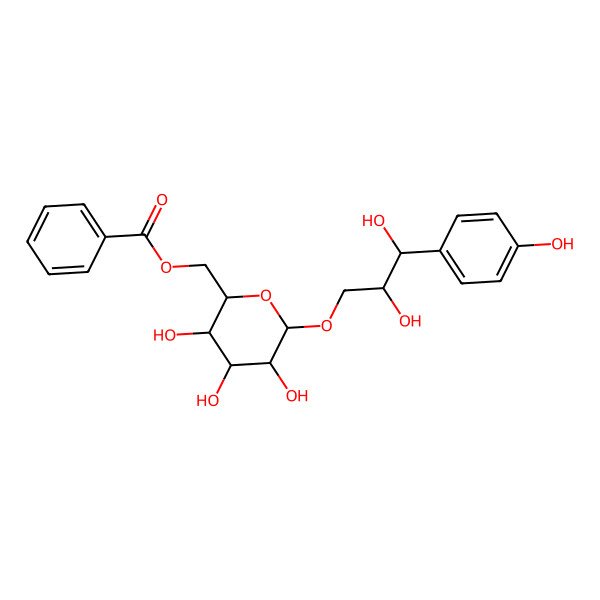 2D Structure of [(2R,3S,4S,5R,6R)-6-[(2S,3S)-2,3-dihydroxy-3-(4-hydroxyphenyl)propoxy]-3,4,5-trihydroxyoxan-2-yl]methyl benzoate