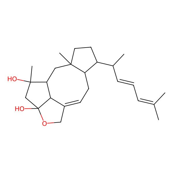 2D Structure of (1S,3R,6R,7S,9E,13R,15R,16R)-3,15-dimethyl-6-[(2S,3Z)-6-methylhepta-3,5-dien-2-yl]-12-oxatetracyclo[8.5.1.03,7.013,16]hexadec-9-ene-13,15-diol