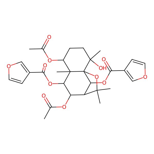 2D Structure of [(1S,2R,5S,6S,7S,8S,9R,12S)-5,8-diacetyloxy-7-(furan-3-carbonyloxy)-2-hydroxy-2,6,10,10-tetramethyl-11-oxatricyclo[7.2.1.01,6]dodecan-12-yl] furan-3-carboxylate