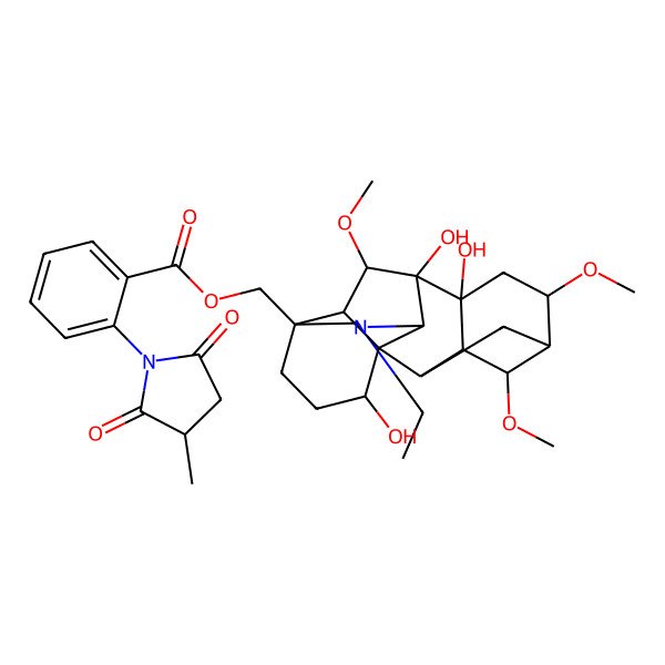 2D Structure of [(1S,2R,3R,4S,5R,6S,8R,9S,10S,13S,16S,17R,18S)-11-ethyl-8,9,16-trihydroxy-4,6,18-trimethoxy-11-azahexacyclo[7.7.2.12,5.01,10.03,8.013,17]nonadecan-13-yl]methyl 2-[(3S)-3-methyl-2,5-dioxopyrrolidin-1-yl]benzoate