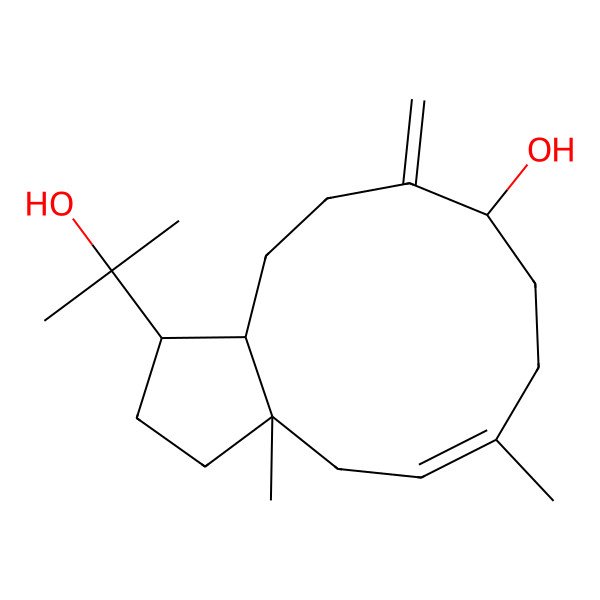 2D Structure of (1R,3aR,5E,9R,12aS)-1-(2-hydroxypropan-2-yl)-3a,6-dimethyl-10-methylidene-1,2,3,4,7,8,9,11,12,12a-decahydrocyclopenta[11]annulen-9-ol