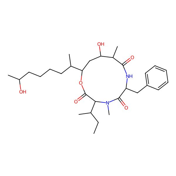 2D Structure of 6-Benzyl-3-butan-2-yl-10-hydroxy-12-(7-hydroxyoctan-2-yl)-4,9-dimethyl-1-oxa-4,7-diazacyclododecane-2,5,8-trione