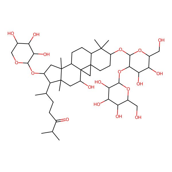 2D Structure of (6R)-6-[(1S,3S,6S,8R,11S,12S,14S,15R,16R,18R)-6-[(2R,3R,4S,5S,6R)-4,5-dihydroxy-6-(hydroxymethyl)-3-[(2S,3R,4S,5S,6R)-3,4,5-trihydroxy-6-(hydroxymethyl)oxan-2-yl]oxyoxan-2-yl]oxy-18-hydroxy-7,7,12,16-tetramethyl-14-[(2S,3R,4S,5S)-3,4,5-trihydroxyoxan-2-yl]oxy-15-pentacyclo[9.7.0.01,3.03,8.012,16]octadecanyl]-2-methylheptan-3-one