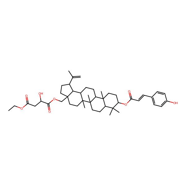 2D Structure of 1-O-[[(1R,3aS,5aR,5bR,7aR,9S,11aR,11bR,13aR,13bR)-9-[(E)-3-(4-hydroxyphenyl)prop-2-enoyl]oxy-5a,5b,8,8,11a-pentamethyl-1-prop-1-en-2-yl-1,2,3,4,5,6,7,7a,9,10,11,11b,12,13,13a,13b-hexadecahydrocyclopenta[a]chrysen-3a-yl]methyl] 4-O-ethyl (2R)-2-hydroxybutanedioate