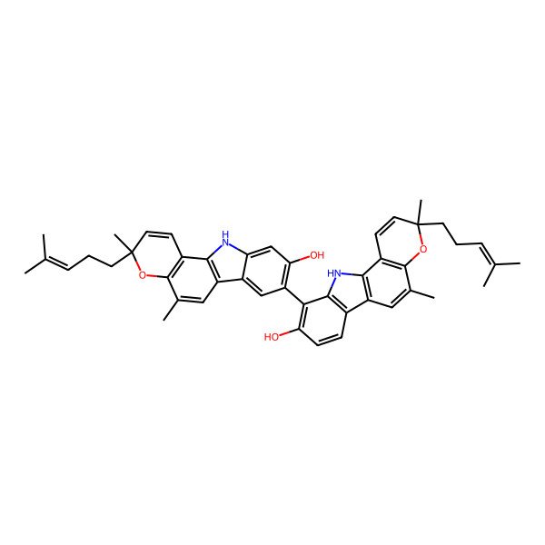 2D Structure of (3R)-10-[(3R)-9-hydroxy-3,5-dimethyl-3-(4-methylpent-3-enyl)-11H-pyrano[3,2-a]carbazol-8-yl]-3,5-dimethyl-3-(4-methylpent-3-enyl)-11H-pyrano[3,2-a]carbazol-9-ol