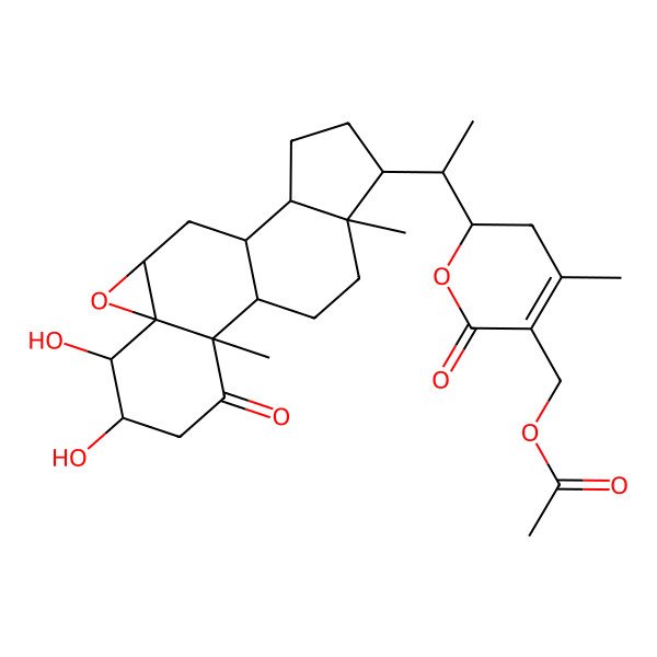 2D Structure of [(2R)-2-[(1S)-1-[(1S,2R,5S,6S,7R,9R,11S,12S,15R,16S)-5,6-dihydroxy-2,16-dimethyl-3-oxo-8-oxapentacyclo[9.7.0.02,7.07,9.012,16]octadecan-15-yl]ethyl]-4-methyl-6-oxo-2,3-dihydropyran-5-yl]methyl acetate