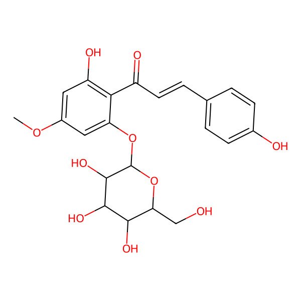 2D Structure of (2E)-1-[2-(beta-D-Glucopyranosyloxy)-6-hydroxy-4-methoxyphenyl]-3-(4-hydroxyphenyl)-2-propen-1-one
