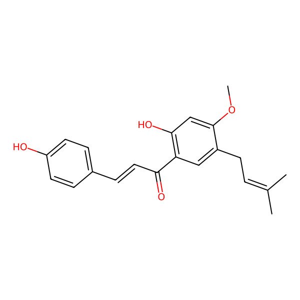 2D Structure of (2e)-1-[2-Hydroxy-4-Methoxy-5-(3-Methylbut-2-En-1-Yl)phenyl]-3-(4-Hydroxyphenyl)prop-2-En-1-One