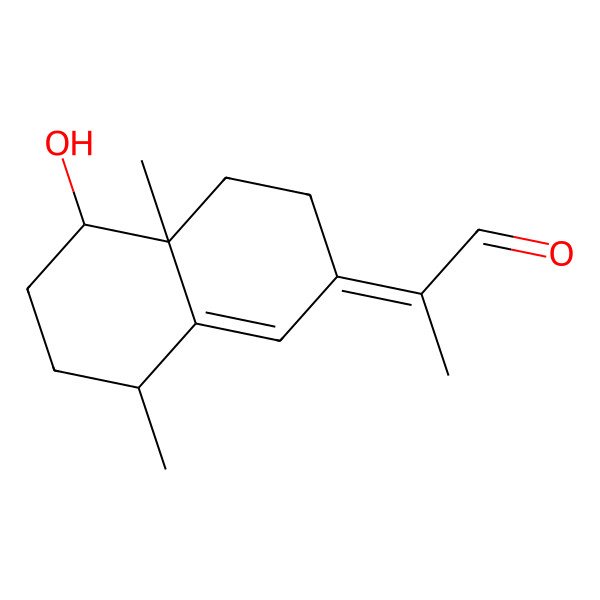 2D Structure of (2E)-2-[(4aR,5R,8S)-5-hydroxy-4a,8-dimethyl-3,4,5,6,7,8-hexahydronaphthalen-2-ylidene]propanal