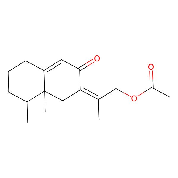 2D Structure of [(2E)-2-[(8S,8aR)-8,8a-dimethyl-3-oxo-5,6,7,8-tetrahydro-1H-naphthalen-2-ylidene]propyl] acetate