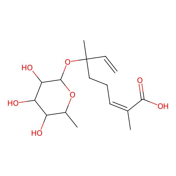 2D Structure of (2E)-2,6-dimethyl-6-[(2S,3R,4S,5S,6R)-3,4,5-trihydroxy-6-methyloxan-2-yl]oxyocta-2,7-dienoic acid