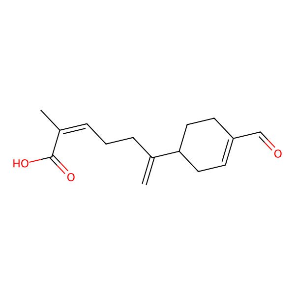 2D Structure of (2E)-6-[(1R)-4-formylcyclohex-3-en-1-yl]-2-methylhepta-2,6-dienoic acid