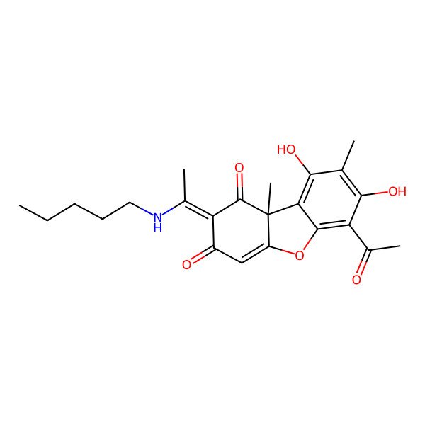 2D Structure of (2E)-6-acetyl-7,9-dihydroxy-8,9b-dimethyl-2-[1-(pentylamino)ethylidene]dibenzofuran-1,3-dione