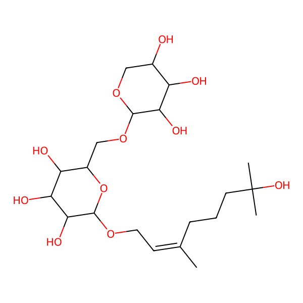 2D Structure of (2e)-7-hydroxy-3,7-dimethyl-2-octenyl 6-O-alpha-l-arabinopyranosyl-beta-d-glucopyranoside 2D Structure of (2e)-7-hydroxy-3,7-dimethyl-2-octenyl 6-O-alpha-l-arabinopyranosyl-beta-d-glucopyranoside