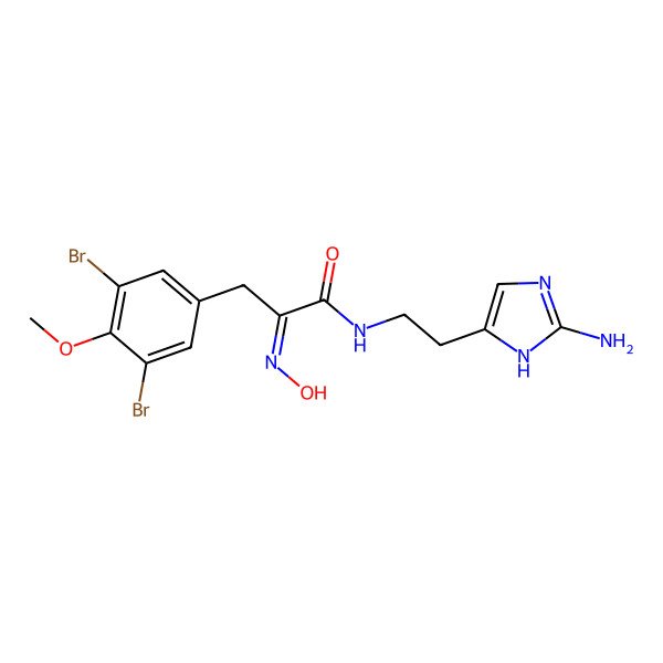 2D Structure of (2E)-N-[2-(2-amino-1H-imidazol-5-yl)ethyl]-3-(3,5-dibromo-4-methoxyphenyl)-2-hydroxyiminopropanamide