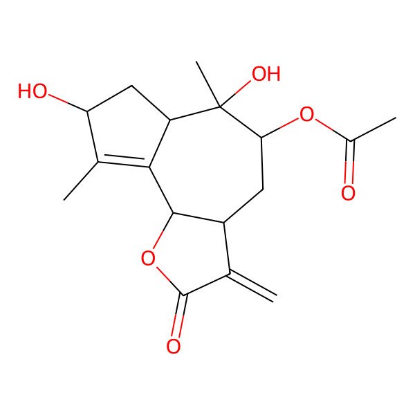 2D Structure of (6,8-dihydroxy-6,9-dimethyl-3-methylidene-2-oxo-4,5,6a,7,8,9b-hexahydro-3aH-azuleno[4,5-b]furan-5-yl) acetate