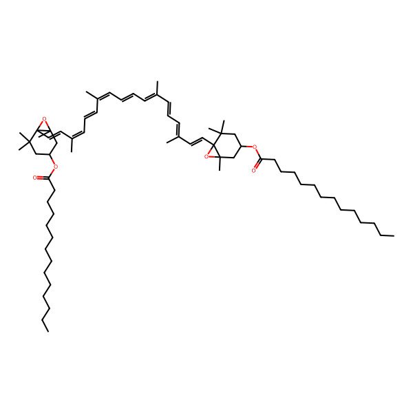 2D Structure of [(1R,3S,6S)-1,5,5-trimethyl-6-[(1E,3E,5E,7E,9E,11E,13E,15E,17E)-3,7,12,16-tetramethyl-18-[(1S,4S,6R)-2,2,6-trimethyl-4-tetradecanoyloxy-7-oxabicyclo[4.1.0]heptan-1-yl]octadeca-1,3,5,7,9,11,13,15,17-nonaenyl]-7-oxabicyclo[4.1.0]heptan-3-yl] tetradecanoate