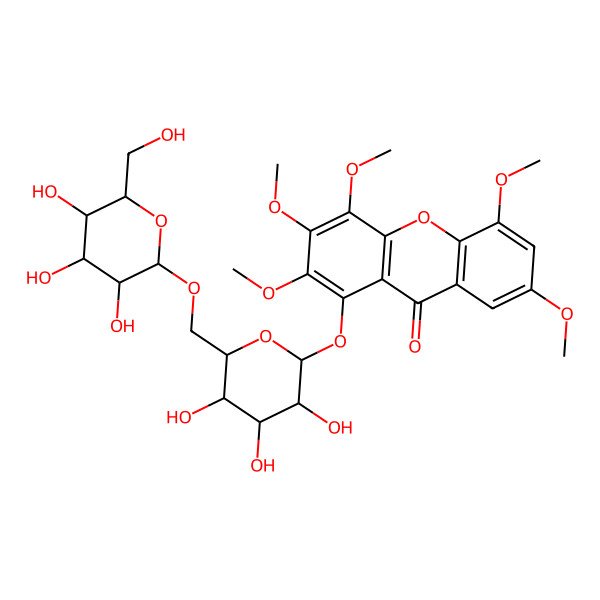 2D Structure of 2,3,4,5,7-pentamethoxy-1-[(2S,3R,4S,5S,6R)-3,4,5-trihydroxy-6-[[(2R,3R,4S,5S,6R)-3,4,5-trihydroxy-6-(hydroxymethyl)oxan-2-yl]oxymethyl]oxan-2-yl]oxyxanthen-9-one