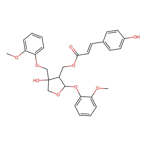 2D Structure of [(2S,3S,4R)-4-hydroxy-2-(2-methoxyphenoxy)-4-[(2-methoxyphenoxy)methyl]oxolan-3-yl]methyl (E)-3-(4-hydroxyphenyl)prop-2-enoate