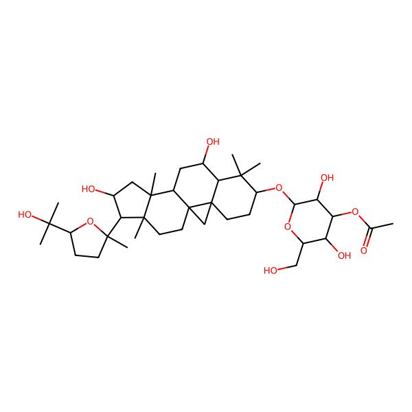 2D Structure of [(2R,3R,4S,5R,6R)-2-[[(1S,3R,6S,8R,9S,11S,12S,14S,15R,16R)-9,14-dihydroxy-15-[(2R,5S)-5-(2-hydroxypropan-2-yl)-2-methyloxolan-2-yl]-7,7,12,16-tetramethyl-6-pentacyclo[9.7.0.01,3.03,8.012,16]octadecanyl]oxy]-3,5-dihydroxy-6-(hydroxymethyl)oxan-4-yl] acetate
