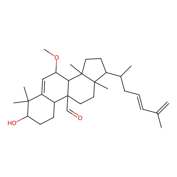 2D Structure of (3S,7S,8S,9R,10R,13R,14S,17R)-3-hydroxy-7-methoxy-4,4,13,14-tetramethyl-17-[(2R,4E)-6-methylhepta-4,6-dien-2-yl]-2,3,7,8,10,11,12,15,16,17-decahydro-1H-cyclopenta[a]phenanthrene-9-carbaldehyde