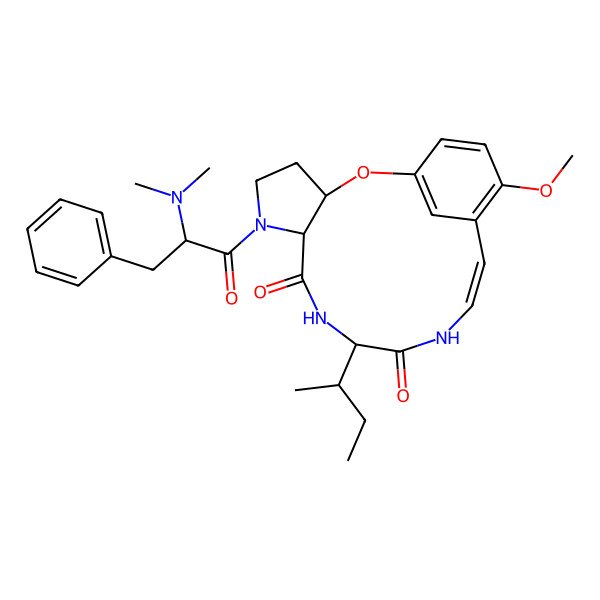 2D Structure of (3S,7S,10S,13E)-10-[(2S)-butan-2-yl]-6-[(2S)-2-(dimethylamino)-3-phenylpropanoyl]-16-methoxy-2-oxa-6,9,12-triazatricyclo[13.3.1.03,7]nonadeca-1(19),13,15,17-tetraene-8,11-dione