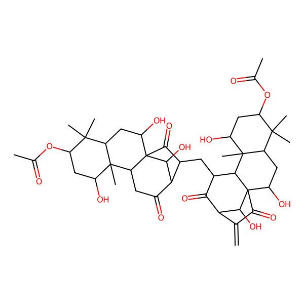 2D Structure of [(1R,2R,4R,6S,8S,9R,10S,13S,14R,16R)-14-[[(1R,2R,4R,6S,8S,9R,10S,11R,13S,16R)-6-acetyloxy-2,8,16-trihydroxy-5,5,9-trimethyl-14-methylidene-12,15-dioxo-11-tetracyclo[11.2.1.01,10.04,9]hexadecanyl]methyl]-2,8,16-trihydroxy-5,5,9-trimethyl-12,15-dioxo-6-tetracyclo[11.2.1.01,10.04,9]hexadecanyl] acetate