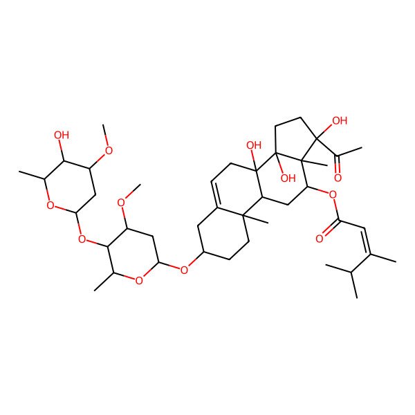 2D Structure of [(3S,8S,9R,10R,12R,13S,14R,17S)-17-acetyl-8,14,17-trihydroxy-3-[(2R,4S,5R,6R)-5-[(2S,4S,5R,6R)-5-hydroxy-4-methoxy-6-methyloxan-2-yl]oxy-4-methoxy-6-methyloxan-2-yl]oxy-10,13-dimethyl-1,2,3,4,7,9,11,12,15,16-decahydrocyclopenta[a]phenanthren-12-yl] (E)-3,4-dimethylpent-2-enoate