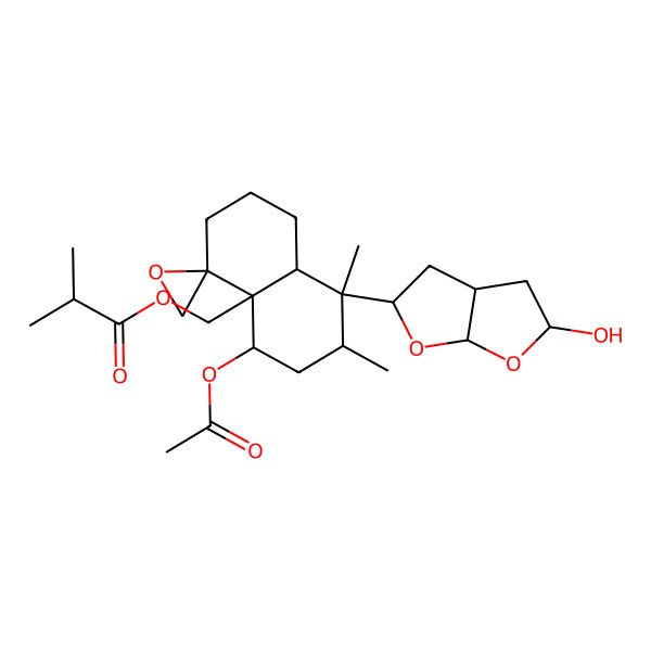 2D Structure of [5-acetyloxy-8-(5-hydroxy-2,3,3a,4,5,6a-hexahydrofuro[2,3-b]furan-2-yl)-7,8-dimethylspiro[2,3,5,6,7,8a-hexahydro-1H-naphthalene-4,2'-oxirane]-4a-yl]methyl 2-methylpropanoate
