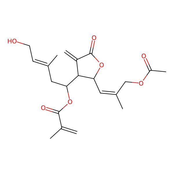 2D Structure of [1-[2-(3-Acetyloxy-2-methylprop-1-enyl)-4-methylidene-5-oxooxolan-3-yl]-5-hydroxy-3-methylpent-3-enyl] 2-methylprop-2-enoate