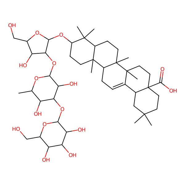 2D Structure of 10-[3-[3,5-Dihydroxy-6-methyl-4-[3,4,5-trihydroxy-6-(hydroxymethyl)oxan-2-yl]oxyoxan-2-yl]oxy-4-hydroxy-5-(hydroxymethyl)oxolan-2-yl]oxy-2,2,6a,6b,9,9,12a-heptamethyl-1,3,4,5,6,6a,7,8,8a,10,11,12,13,14b-tetradecahydropicene-4a-carboxylic acid