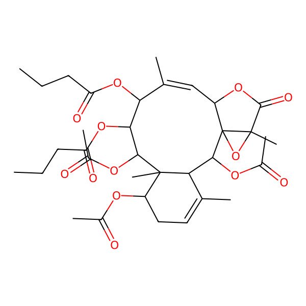 2D Structure of [(1S,2S,3S,7S,8R,9R,10S,11R,12Z,14S,17R)-2,7,9-triacetyloxy-11-butanoyloxy-4,8,12,17-tetramethyl-16-oxo-15,18-dioxatetracyclo[12.4.0.01,17.03,8]octadeca-4,12-dien-10-yl] butanoate