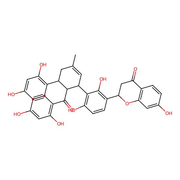 2D Structure of (2R)-2-[3-[(1R,5S,6R)-6-(2,4-dihydroxybenzoyl)-5-(2,4-dihydroxyphenyl)-3-methylcyclohex-2-en-1-yl]-2,4-dihydroxyphenyl]-7-hydroxy-2,3-dihydrochromen-4-one