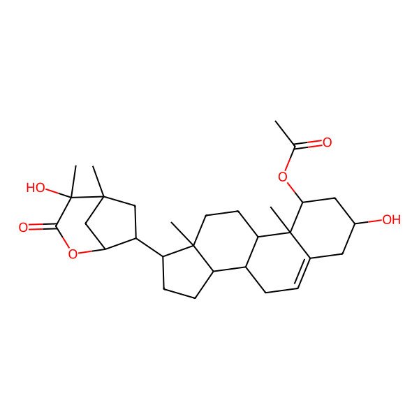 2D Structure of [(1S,3R,8S,9S,10R,13S,14S,17R)-3-hydroxy-17-[(1R,4S,5R,7S)-4-hydroxy-4,5-dimethyl-3-oxo-2-oxabicyclo[3.2.1]octan-7-yl]-10,13-dimethyl-2,3,4,7,8,9,11,12,14,15,16,17-dodecahydro-1H-cyclopenta[a]phenanthren-1-yl] acetate